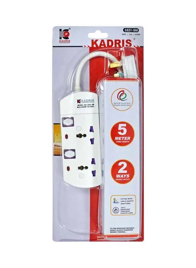 KADRIS Power Strips S521 سلك تمديد عالي التحمل مع منافذ ثنائية الاتجاه مع مفتاح فردي، مقبس شحن مع سلك تمديد مقاوم للحرارة بطول 5 أمتار (أبيض)