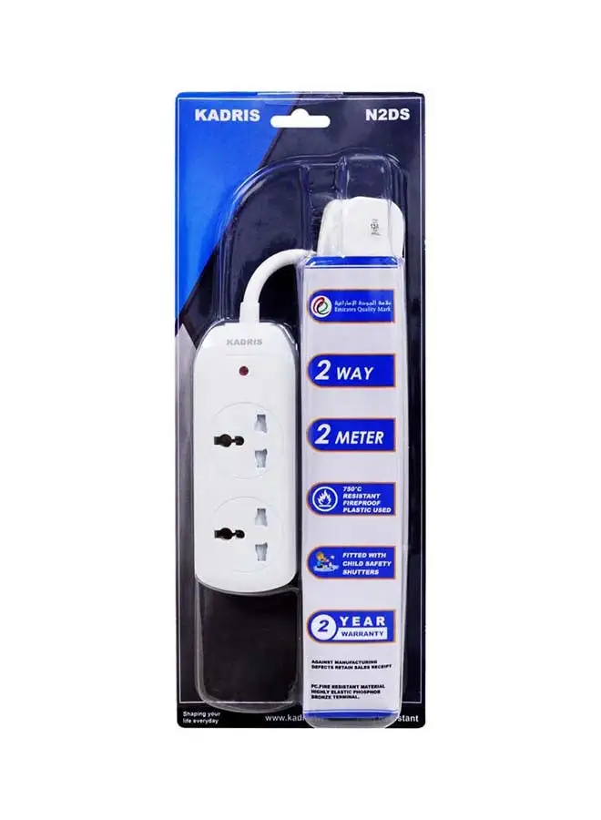 KADRIS Power Strips N2DS سلك تمديد مع منافذ ثنائية الاتجاه، مقبس شحن مع سلك تمديد مقاوم للحرارة بطول 2 متر (أبيض) معتمد من ESMA