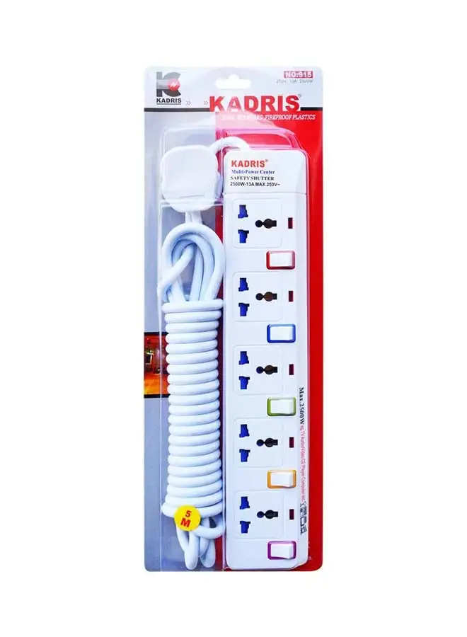 KADRIS Power Strips 915 Heavy Duty Extension Cord with 5 way Outlets with individual switch, Charging Socket with 5 meter Heat resistant  Extension Cord (White)