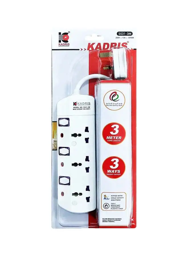 KADRIS Power Strips S531 Heavy Duty Extension Cord with 3 way Outlets with individual switch, Charging Socket with 3 meter Heat resistant  Extension Cord (White)