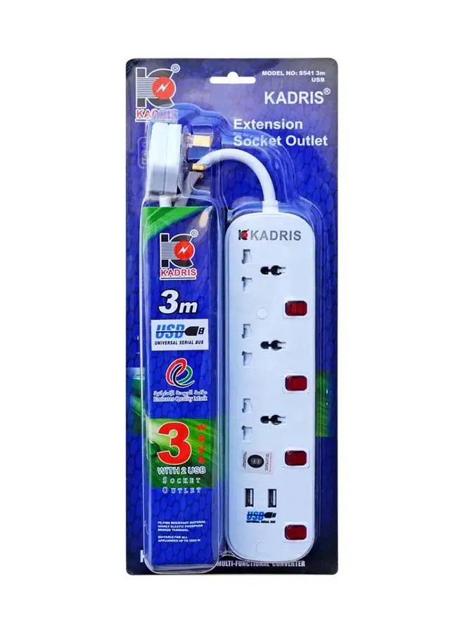 KADRIS Power Strips S541 Heavy Duty Extension Cord with 2 USB 2.1A and 3 way socket Outlets with individual switch, Charging Socket with 5 meter Heat resistant  Extension Cord (White)