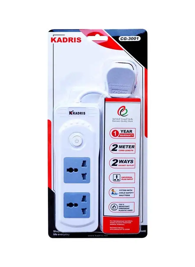 KADRIS Power Strips CG-3001 Heavy Duty Extension Cord with 2 way Outlets with switch, Charging Socket with 2 meter Heat resistant  Extension Cord (White) ESMA approved