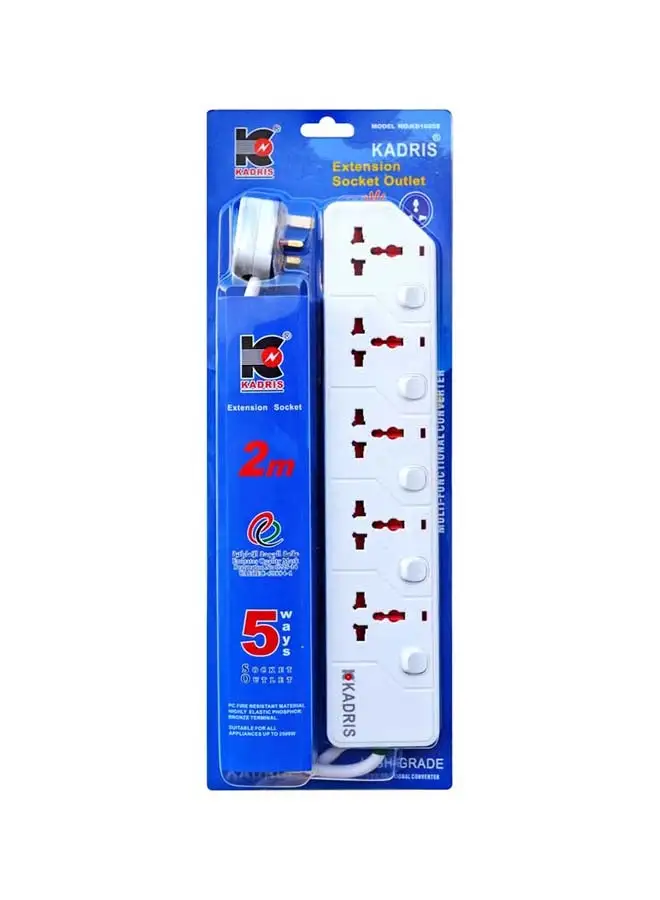 KADRIS Power Strips KD1605S Heavy Duty Extension Cord with 5 way Outlets with switches, Charging Socket with 2 meter Heat resistant  Extension Cord (White)