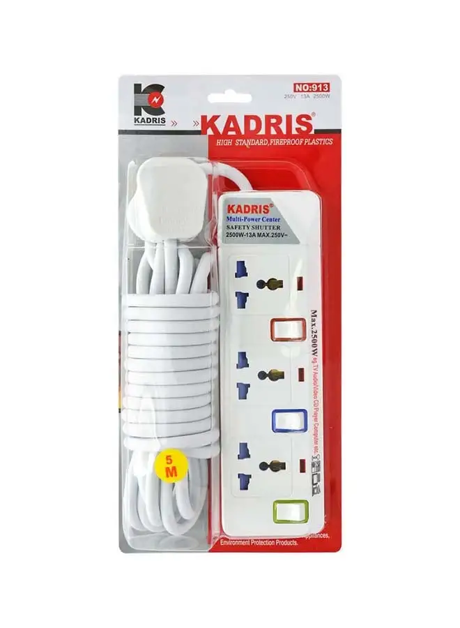 KADRIS Power Strips 913 Heavy Duty Extension Cord with 3 way Outlets with individual switch, Charging Socket with 5 meter Heat resistant  Extension Cord (White)