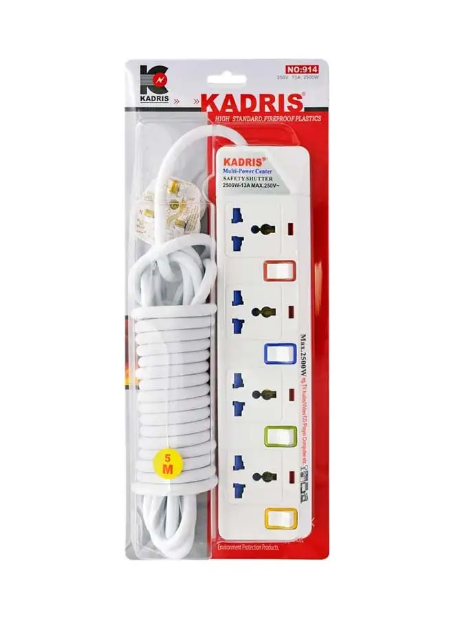 KADRIS Power Strips 914 Heavy Duty Extension Cord with 4 way Outlets with individual switch, Charging Socket with 5 meter Heat resistant  Extension Cord (White)