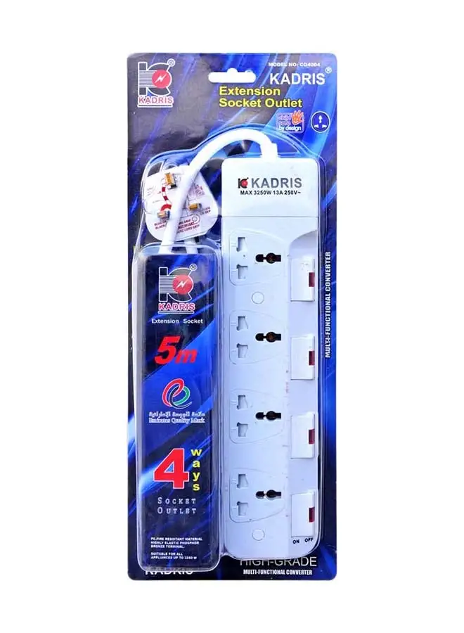 KADRIS Power Strips CG4004 سلك تمديد عالي التحمل مع 4 منافذ مع مفتاح فردي، مقبس شحن مع سلك تمديد مقاوم للحرارة بطول 5 أمتار (أبيض)