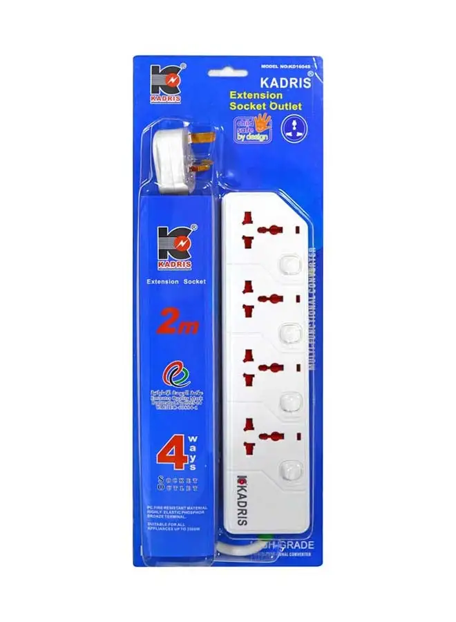 KADRIS Power Strips KD1604S Heavy Duty Extension Cord with 4 way Outlets with switches, Charging Socket with 2 meter Heat resistant  Extension Cord (White)