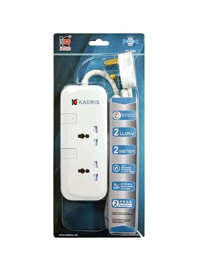 KADRIS Power Strips CG7002 Heavy Duty Extension Cord with 2 way Outlets with switches, Charging Socket with 2 meter Heat resistant  Extension Cord (White)