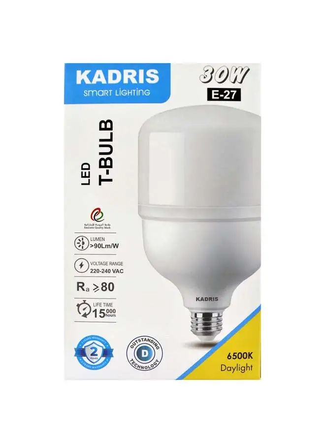 KADRIS 30W LED برغي نوع ضوء النهار (أبيض بارد) LA-2111 6500K LED موفر للطاقة مطلي بالبلاستيك على شكل حرف T من الألومنيوم 2700 لومن AC220-240V 50-60HZ، معتمد من ESMA مع ضمان لمدة عام واحد