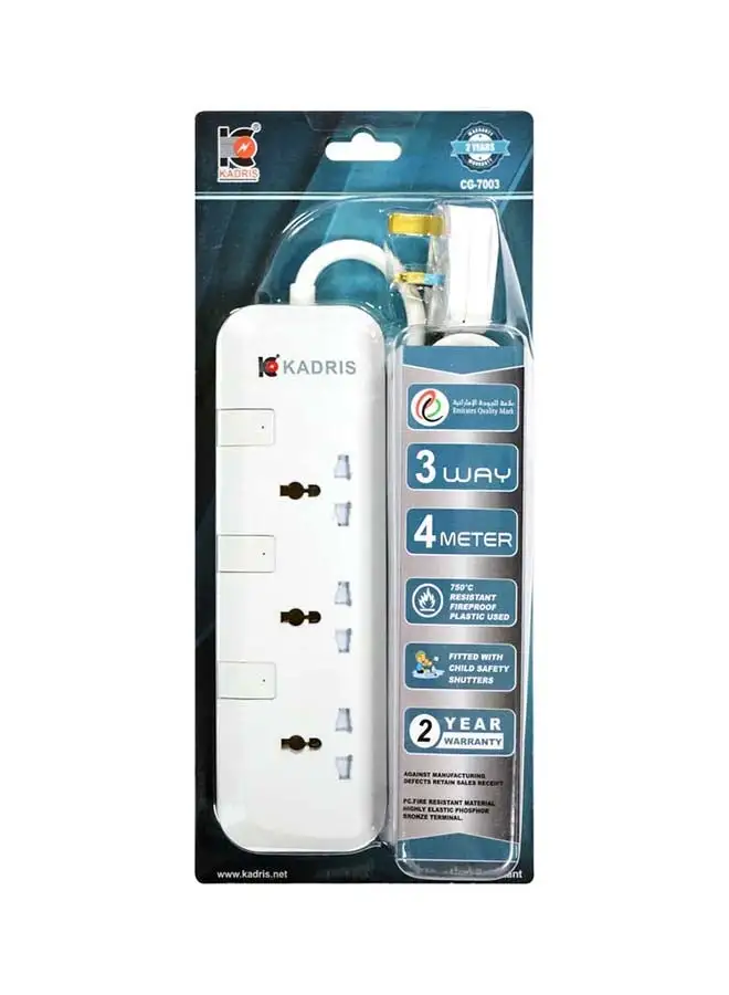 KADRIS Power Strips CG7003 سلك تمديد عالي التحمل مع 3 منافذ مع مفاتيح، مقبس شحن مع سلك تمديد مقاوم للحرارة بطول 4 أمتار (أبيض)