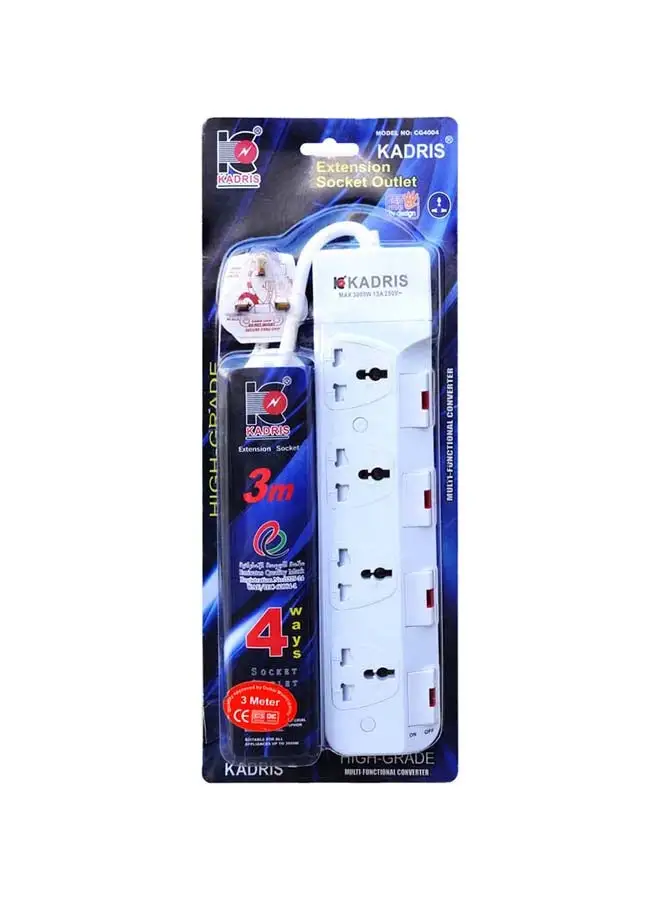 KADRIS Power Strips CG4004 سلك تمديد عالي التحمل مع 4 منافذ مع مفتاح فردي، مقبس شحن مع سلك تمديد مقاوم للحرارة 3 أمتار (أبيض)