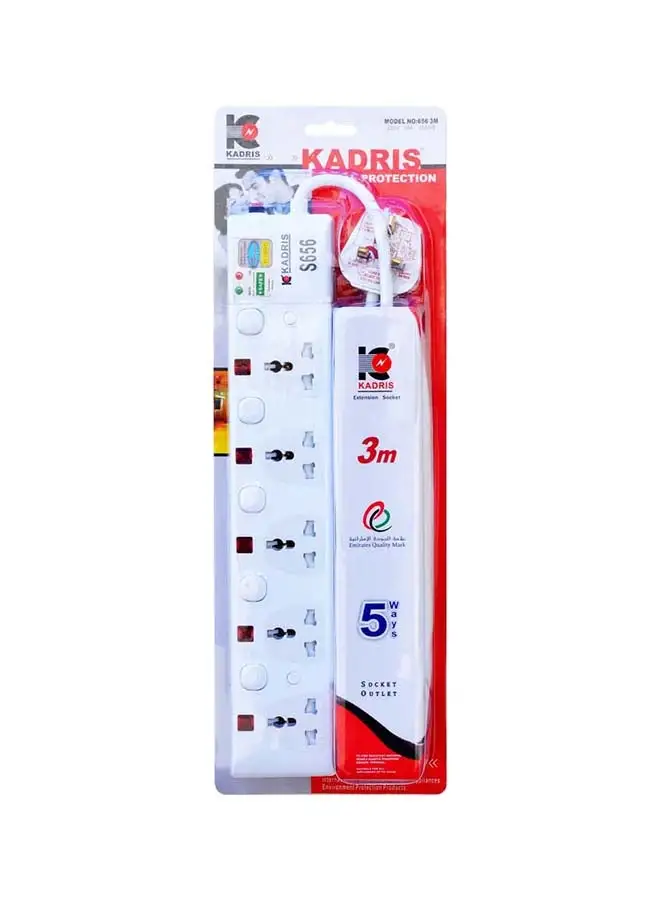 KADRIS Power Strips S656 سلك تمديد للحماية من زيادة التيار مع 5 منافذ مع مفتاح فردي، مقبس شحن مع سلك تمديد مقاوم للحرارة بطول 3 أمتار (أبيض) معتمد من ESMA