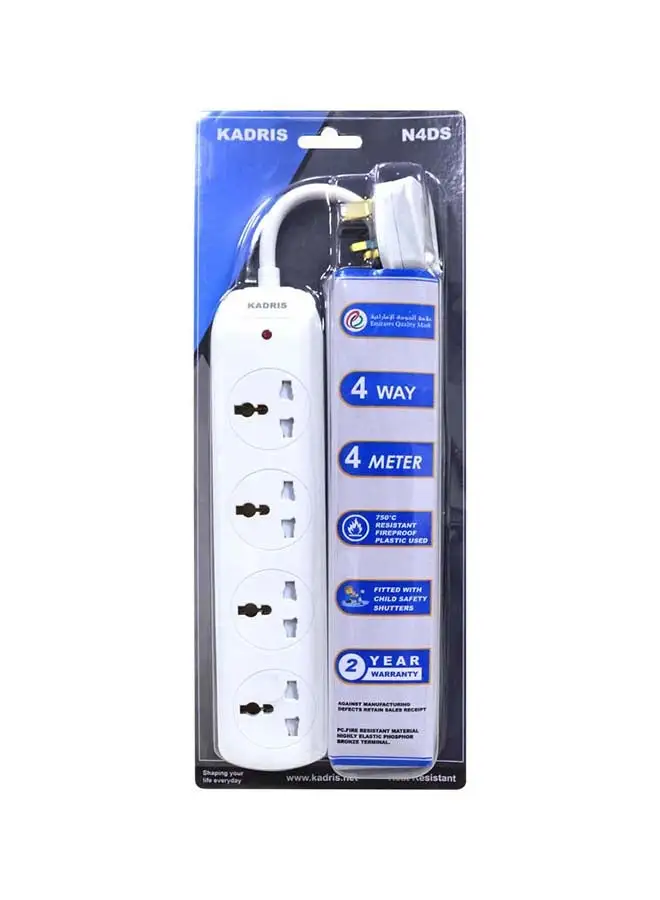 KADRIS Power Strips N4DS Extension Cord with 4 way Outlets, Charging Socket with 4 meter Heat resistant  Extension Cord (White) ESMA approved