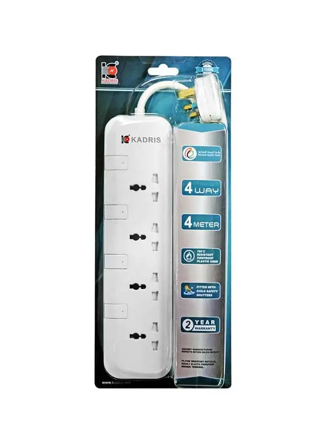 KADRIS Power Strips CG7004 سلك تمديد عالي التحمل مع 4 منافذ مع مفاتيح، مقبس شحن مع سلك تمديد مقاوم للحرارة بطول 4 أمتار (أبيض)