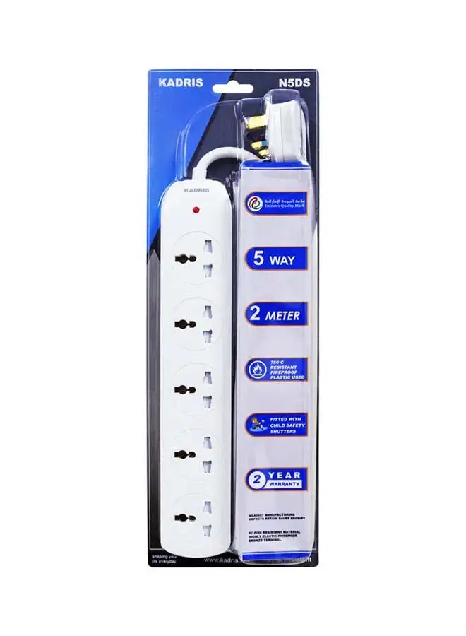 سلك تمديد KADRIS Power Strips N5DS مع 5 منافذ، ومقبس شحن مع سلك تمديد مقاوم للحرارة بطول 2 متر (أبيض) معتمد من ESMA