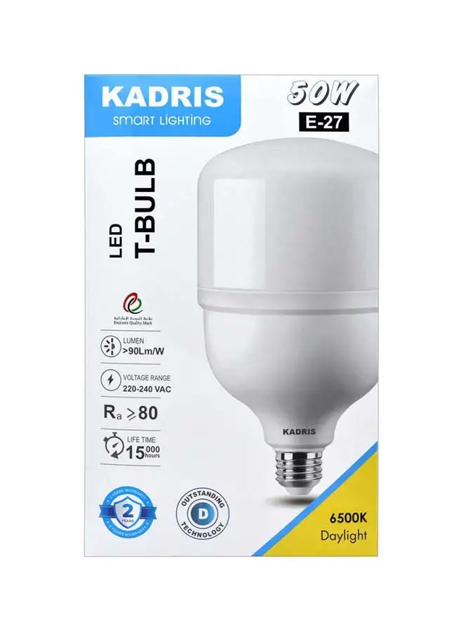 KADRIS 50W LED برغي نوع ضوء النهار (أبيض بارد) LA-2125 6500K LED موفر للطاقة مطلي بالبلاستيك على شكل حرف T من الألومنيوم 4500 لومن AC220-240V 50-60HZ، معتمد من ESMA مع ضمان لمدة عام واحد