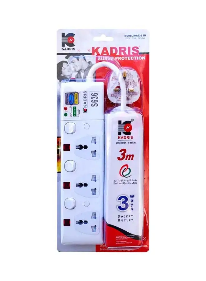 KADRIS Power Strips S636 Heavy Duty Surge Protection Extension Cord with 3 way Outlets with individual switch, Charging Socket with 3 meter Heat resistant  Extension Cord (White) ESMA approved