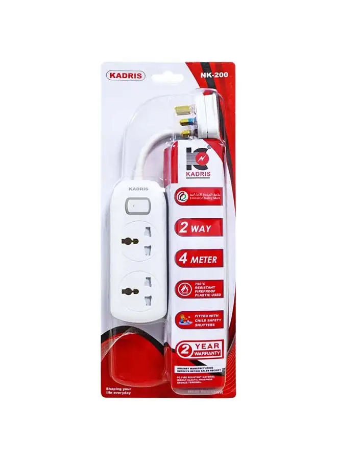 KADRIS Power Strips NK-200 Extension Cord with 2 way Outlets with switch, Charging Socket with 4 meter Heat resistant  Extension Cord (White) ESMA approved