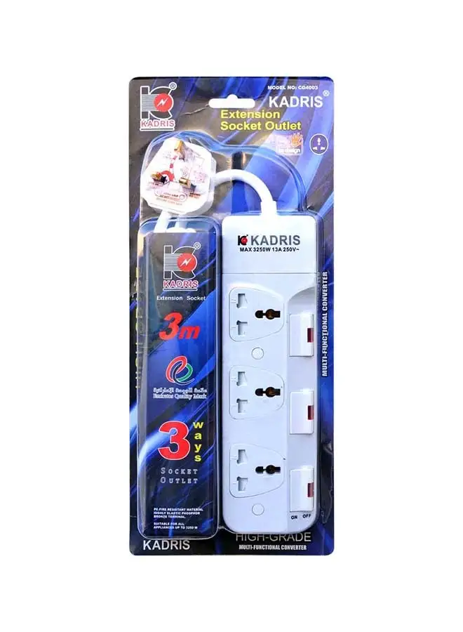 KADRIS Power Strips CG4003 Heavy Duty Extension Cord with 3 way Outlets with individual switch, Charging Socket with 3 meter Heat resistant  Extension Cord (White)