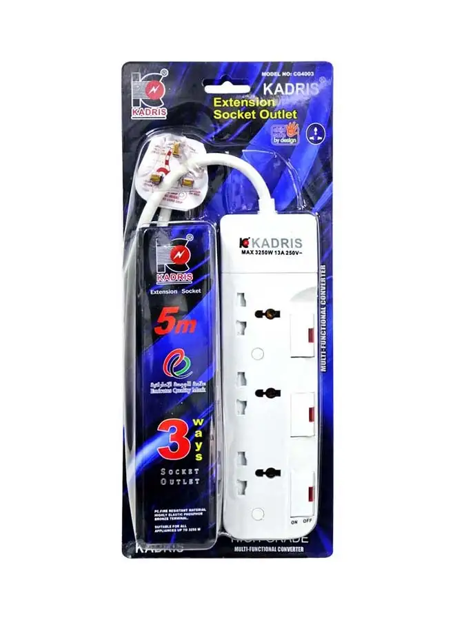 KADRIS Power Strips CG4003 Heavy Duty Extension Cord with 3 way Outlets with individual switch, Charging Socket with 5 meter Heat resistant  Extension Cord (White)