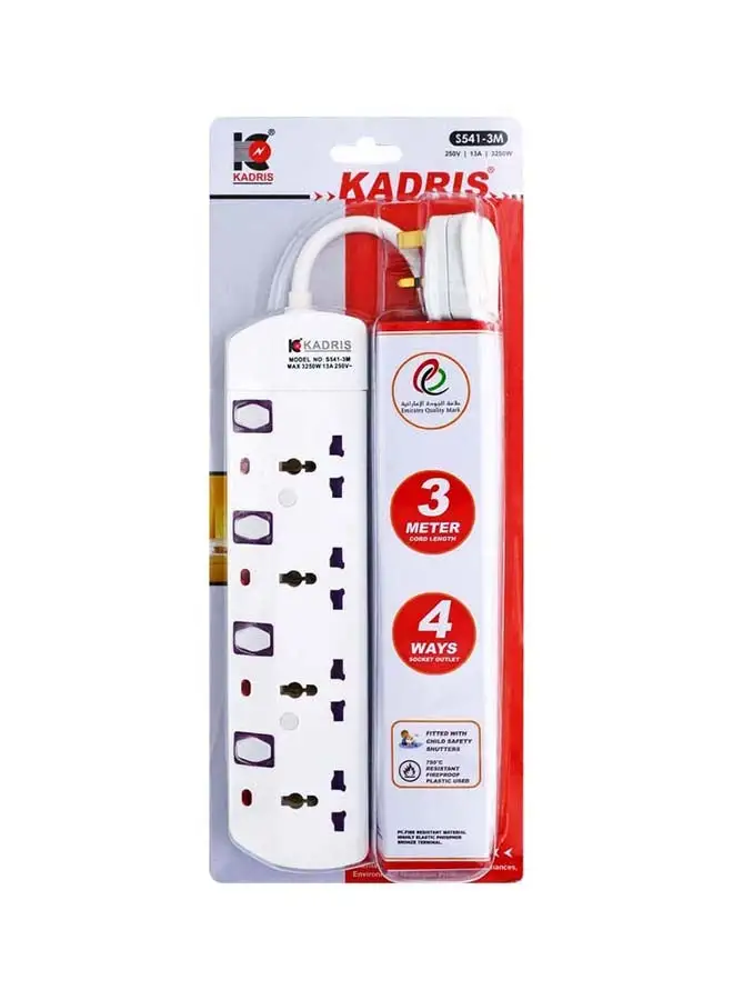 KADRIS Power Strips S541 Heavy Duty Extension Cord with 4 way Outlets with individual switch, Charging Socket with 3 meter Heat resistant  Extension Cord (White)