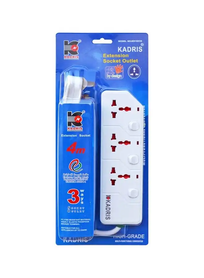 KADRIS Power Strips KD1603S Heavy Duty Extension Cord with 3 way Outlets with switches, Charging Socket with 4 meter Heat resistant  Extension Cord (White)