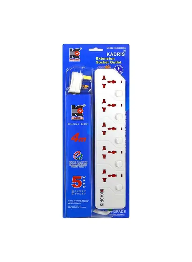 KADRIS Power Strips KD1605S Heavy Duty Extension Cord with 5 way Outlets with switches, Charging Socket with 4 meter Heat resistant  Extension Cord (White)