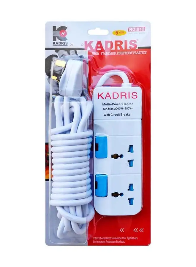 KADRIS Power Strips 812 Heavy Duty Extension Cord with 2 way Outlets with individual switch, Charging Socket with 5 yard Heat resistant  Extension Cord (White)