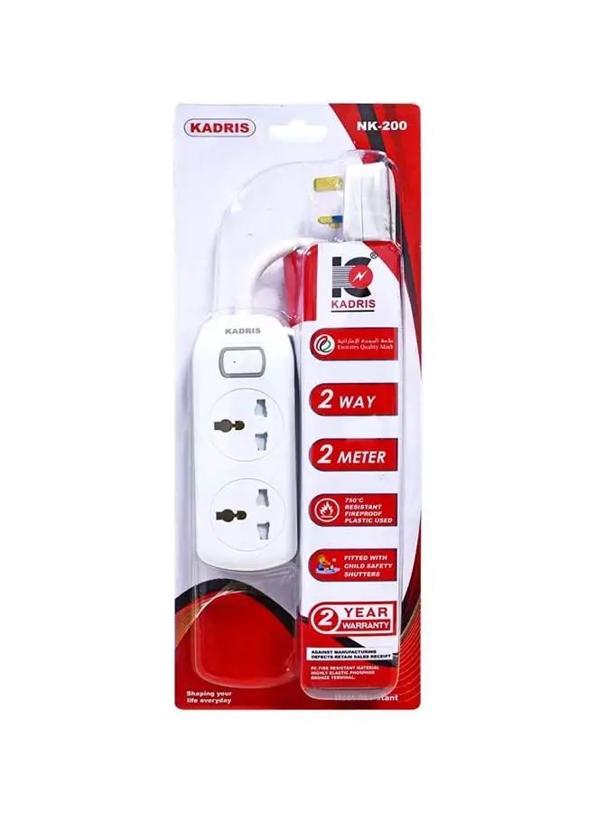 KADRIS Power Strips NK-200 Extension Cord with 2 way Outlets with switch, Charging Socket with 2 meter Heat resistant  Extension Cord (White) ESMA approved