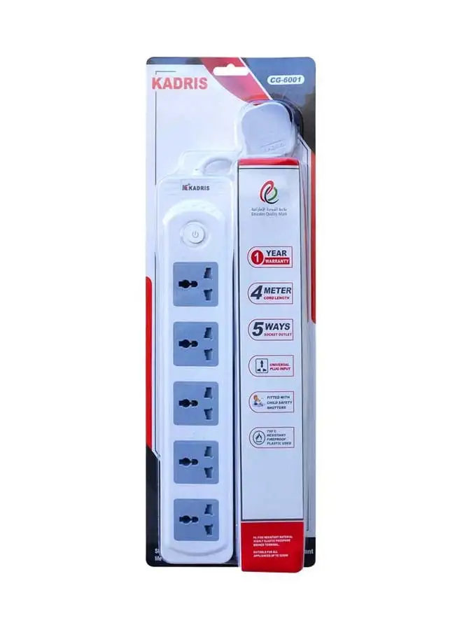 شرائح الطاقة KADRIS CG-6001 سلك تمديد عالي التحمل مع 5 منافذ مع مفتاح، مقبس شحن مع سلك تمديد مقاوم للحرارة بطول 4 أمتار (أبيض) معتمد من ESMA