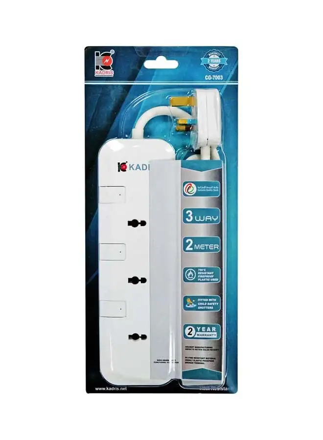 KADRIS Power Strips CG7003 سلك تمديد عالي التحمل مع 3 منافذ مع مفاتيح، مقبس شحن مع سلك تمديد مقاوم للحرارة بطول 2 متر (أبيض)