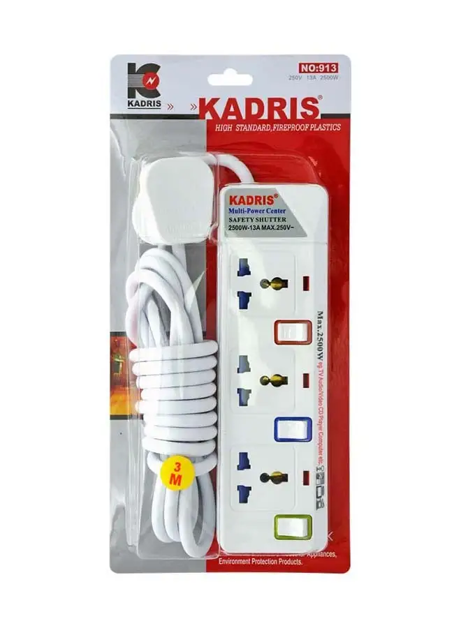 KADRIS Power Strips 913 Heavy Duty Extension Cord with 3 way Outlets with individual switch, Charging Socket with 3 meter Heat resistant  Extension Cord (White)