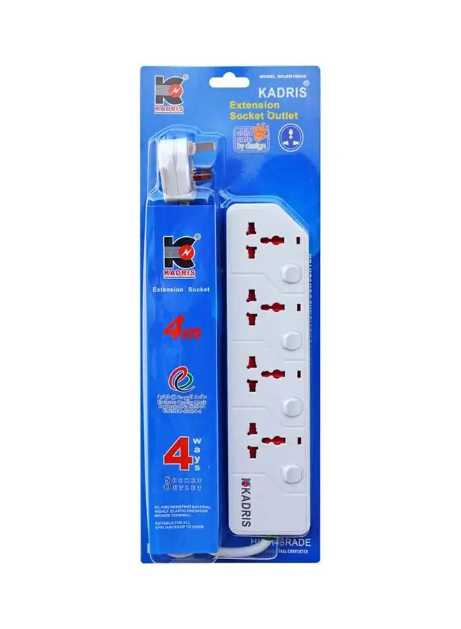 KADRIS Power Strips KD1604S Heavy Duty Extension Cord with 4 way Outlets with switches, Charging Socket with 4 meter Heat resistant  Extension Cord (White)