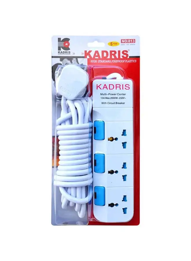 KADRIS Power Strips 813 Heavy Duty Extension Cord with 3 way Outlets with individual switch, Charging Socket with 5 yard Heat resistant  Extension Cord (White)