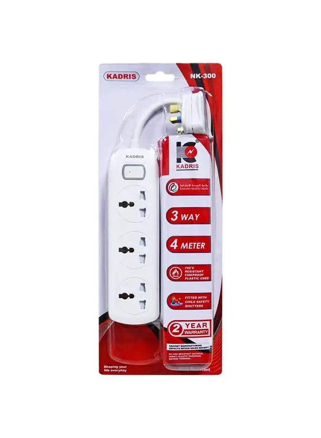 سلك تمديد KADRIS Power Strips NK-300 مع 3 منافذ مع مفتاح، ومقبس شحن مع سلك تمديد مقاوم للحرارة بطول 4 أمتار (أبيض) معتمد من ESMA