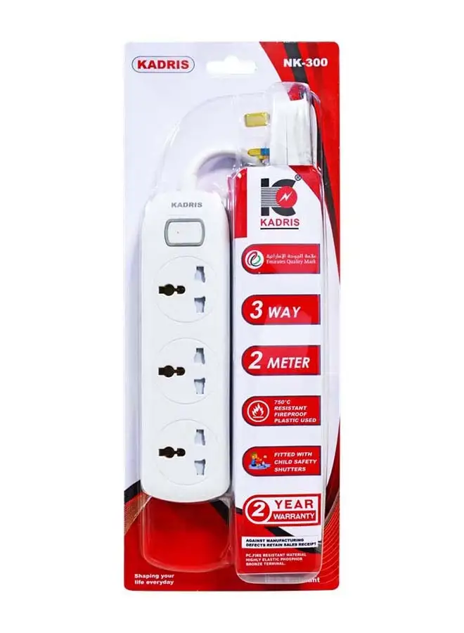 سلك تمديد KADRIS Power Strips NK-300 مع 3 منافذ مع مفتاح، ومقبس شحن مع سلك تمديد مقاوم للحرارة بطول 2 متر (أبيض) معتمد من ESMA