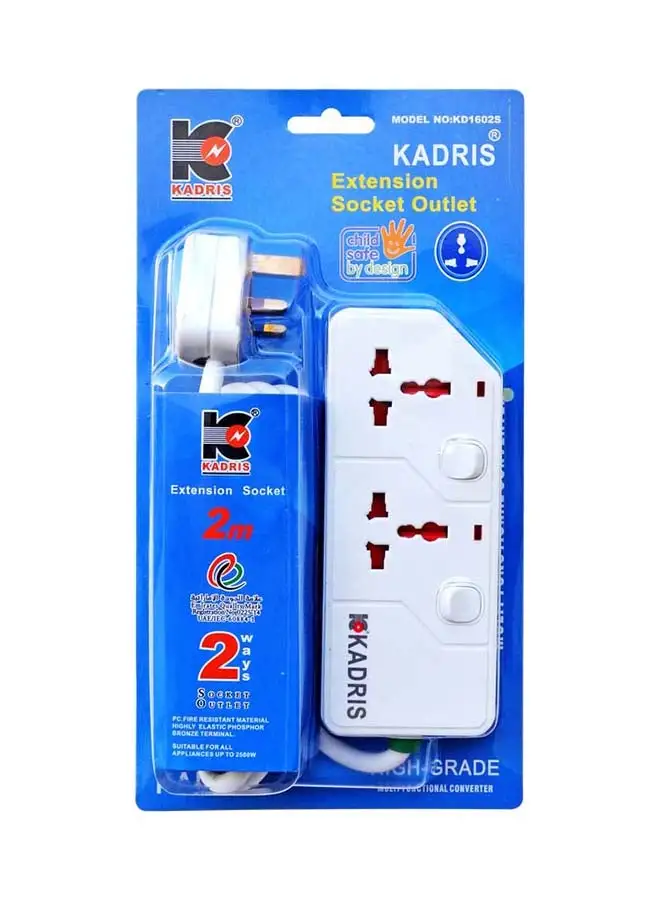 KADRIS Power Strips KD1602S Heavy Duty Extension Cord with 2 way Outlets with switches, Charging Socket with 2 meter Heat resistant  Extension Cord (White)