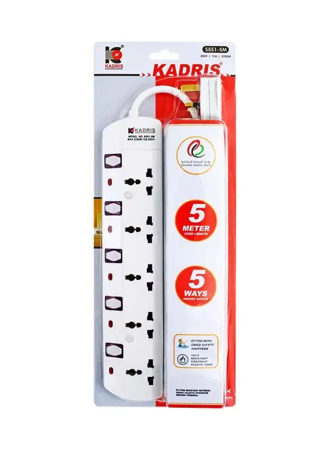 KADRIS Power Strips S551 Heavy Duty Extension Cord with 5 way Outlets with individual switch, Charging Socket with 5 meter Heat resistant  Extension Cord (White)