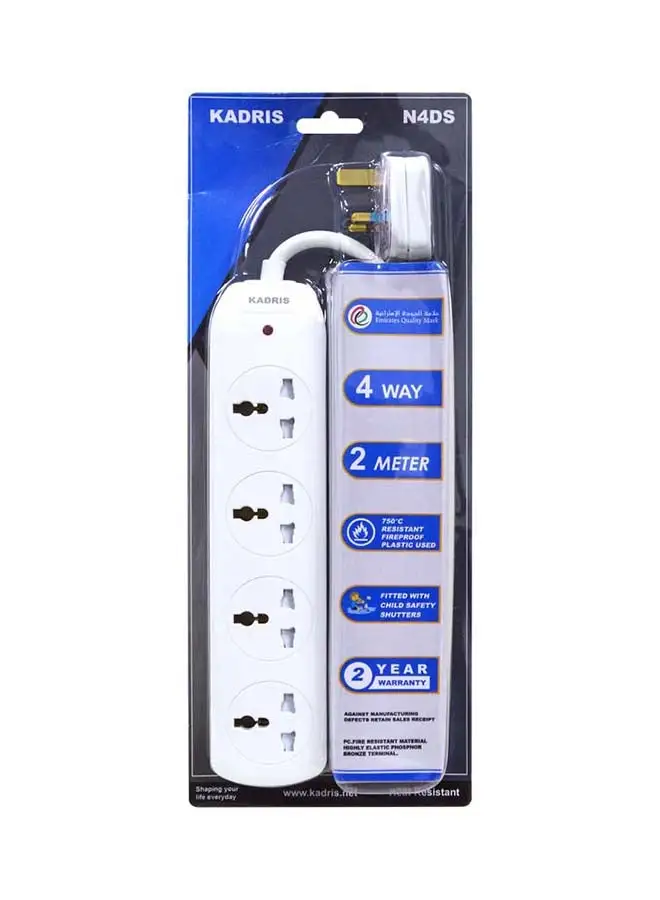 KADRIS Power Strips N4DS Extension Cord with 4 way Outlets, Charging Socket with 2 meter Heat resistant  Extension Cord (White) ESMA approved