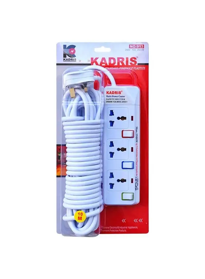 شرائح الطاقة KADRIS 913 سلك تمديد عالي التحمل مع 3 منافذ مع مفتاح فردي، مقبس شحن مع سلك تمديد مقاوم للحرارة بطول 10 أمتار (أبيض)