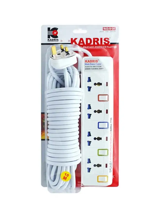 KADRIS Power Strips 914 Heavy Duty Extension Cord with 4 way Outlets with individual switch, Charging Socket with 10 meter Heat resistant  Extension Cord (White)