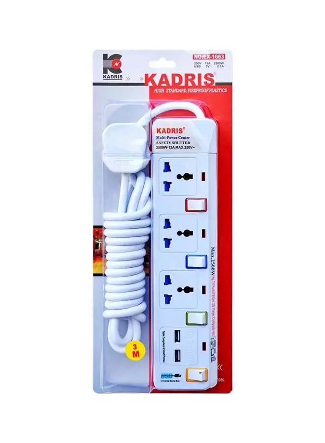 KADRIS Power Strips 914 Heavy Duty Extension Cord 2 USB 2.1A with 3 way Outlets with individual switch, Charging Socket with 3 meter Heat resistant  Extension Cord (White)