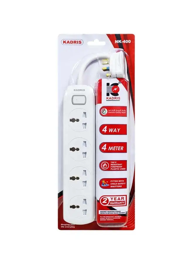 KADRIS Power Strips NK-400 Extension Cord with 4 way Outlets with switch, Charging Socket with 4 meter Heat resistant  Extension Cord (White) ESMA approved