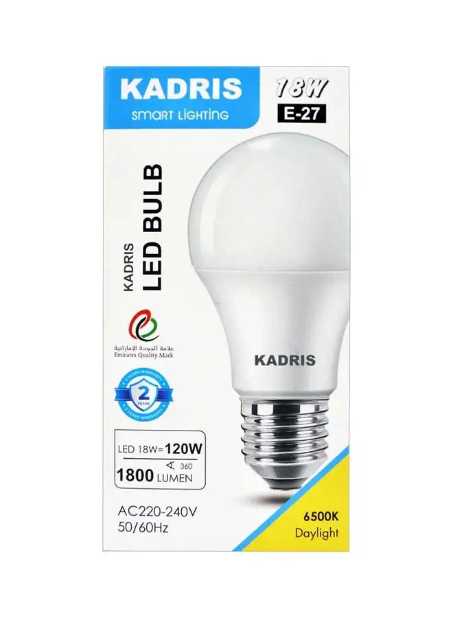 KADRIS LED Light Bulb 18W LA-2123, 6500K Cool Daylight (White) , Non-dimmable, E27 Base 18W=120W 1800 LUMEN, ESMA Approved With One Year Warranty