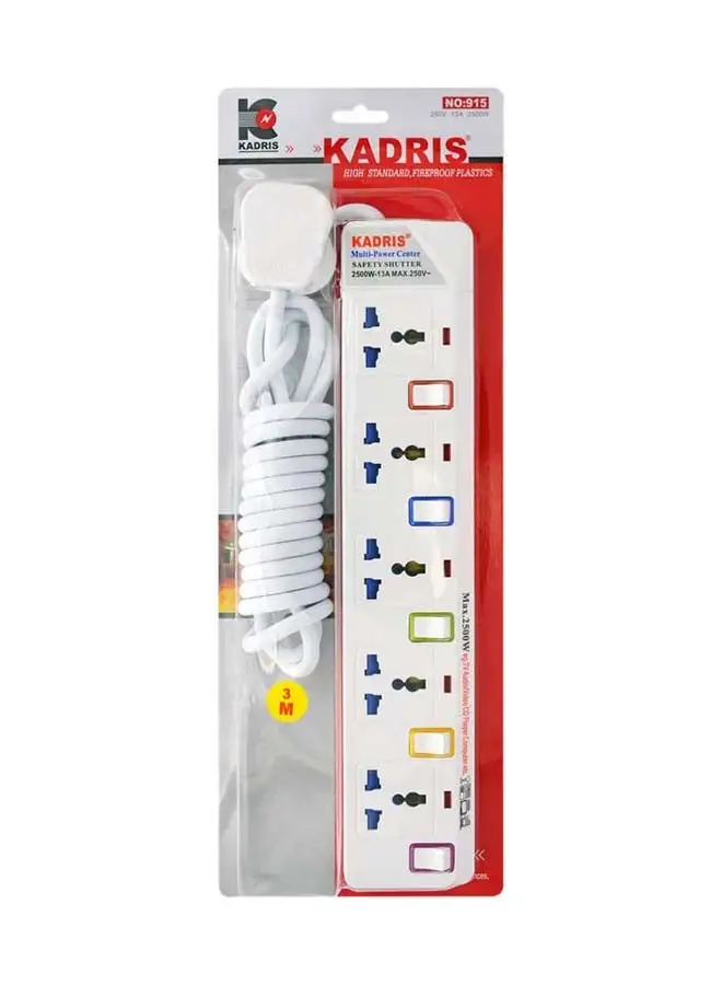 KADRIS Power Strips 915 Heavy Duty Extension Cord with 5 way Outlets with individual switch, Charging Socket with 3 meter Heat resistant  Extension Cord (White)