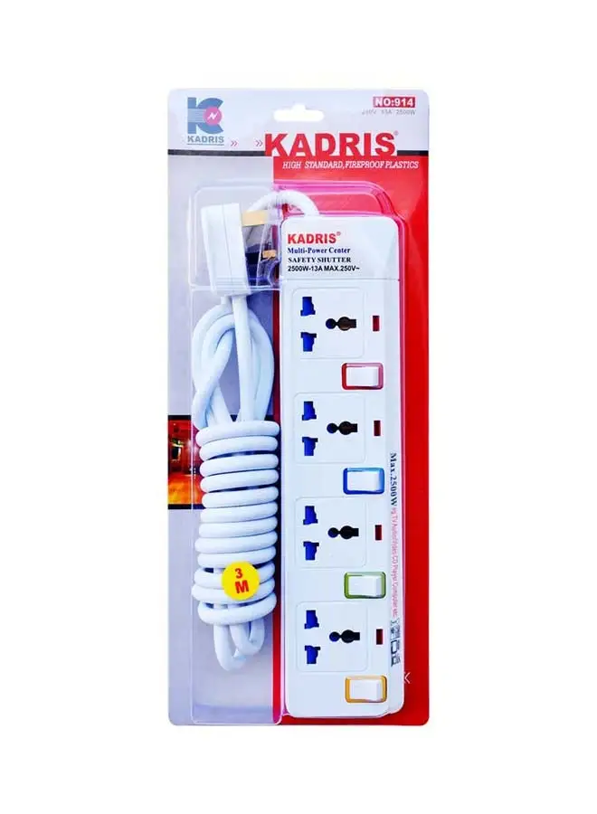 KADRIS Power Strips 914 Heavy Duty Extension Cord with 4 way Outlets with individual switch, Charging Socket with 3 meter Heat resistant  Extension Cord (White)