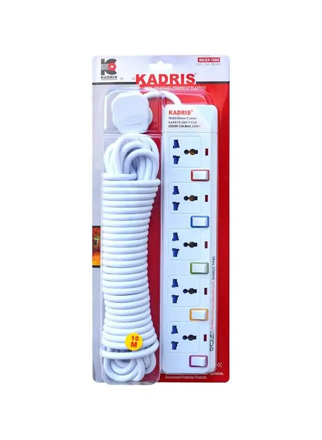 KADRIS Power Strips 915 Heavy Duty Extension Cord with 5 way Outlets with individual switch, Charging Socket with 10 meter Heat resistant  Extension Cord (White)