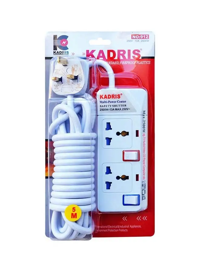 KADRIS Power Strips 912 Heavy Duty Extension Cord with 2 way Outlets with individual switch, Charging Socket with 5 meter Heat resistant  Extension Cord (White)