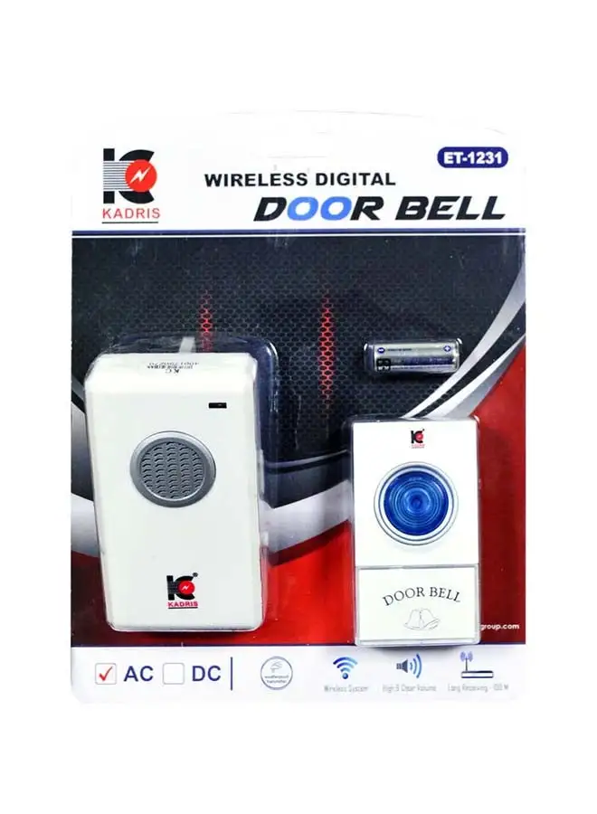 KADRIS Wireless Door Bell High and Clear Volume ET-1231 UK Plug -13A with 100 Meter Range with Batery