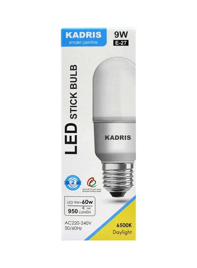 KADRIS LED Stick Bulb 9W LA-2123, 6500K Cool Daylight (White), Power Saving Plastic-coated Aluminum,C220-240V 50-60HZ, E27 Base 9W=60W 950 LUMEN, ESMA Approved With One Year Warranty